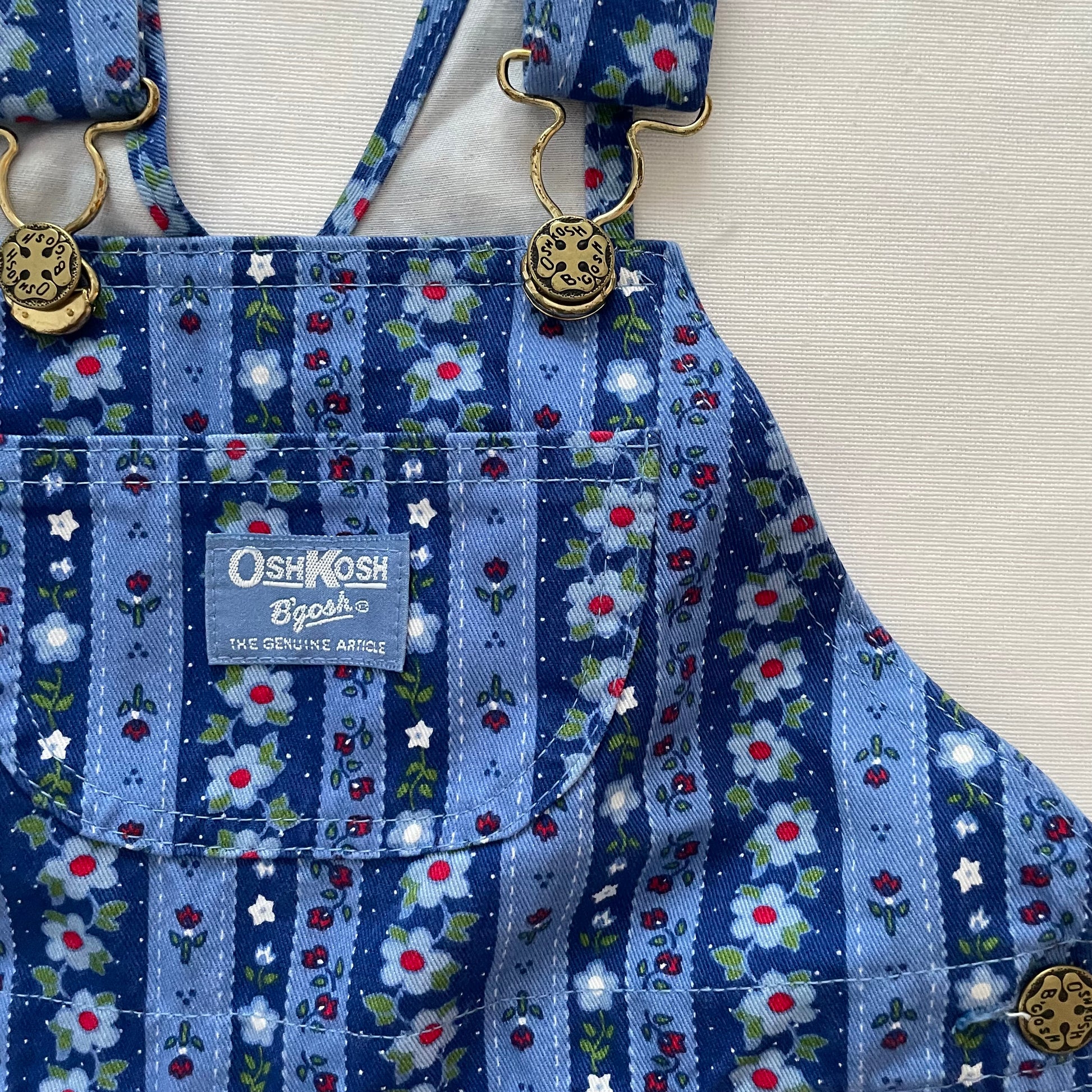 OshKosh Blue Striped Floral Print Shortalls - Yellow Clover Vintage Kids Clothes