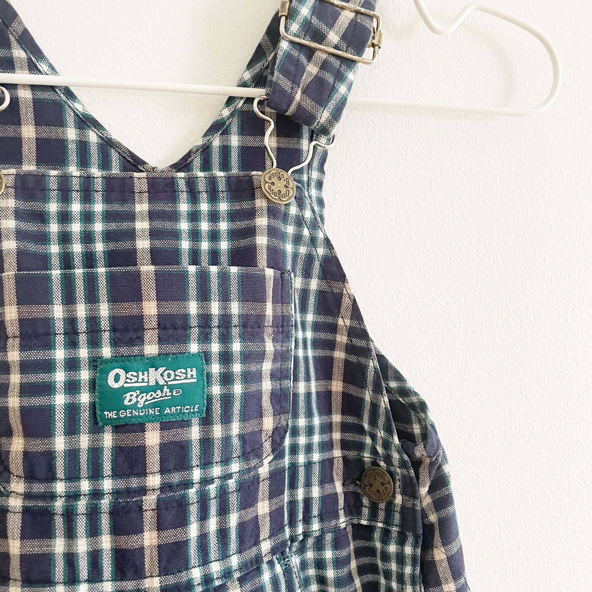 OshKosh Blue and Green Plaid Overalls - Yellow Clover Vintage Kids Clothes