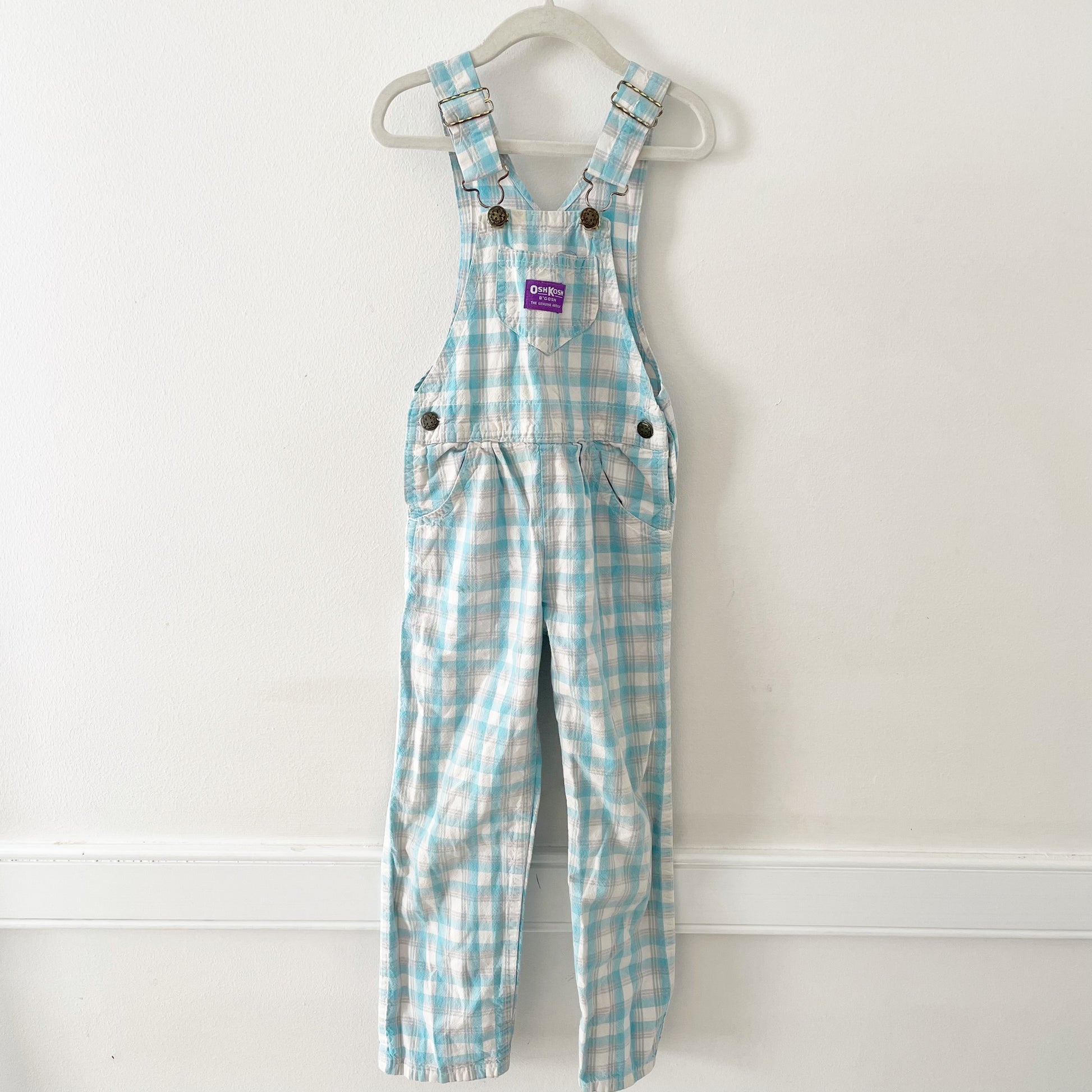 OshKosh Light Turquoise Plaid Overalls - Yellow Clover Vintage Kids Clothes