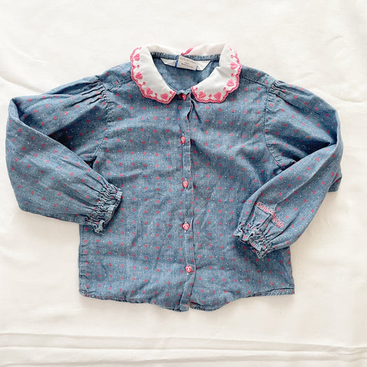 OshKosh Heart Embroidered Collar Button Up Shirt - Yellow Clover Vintage Kids Clothes