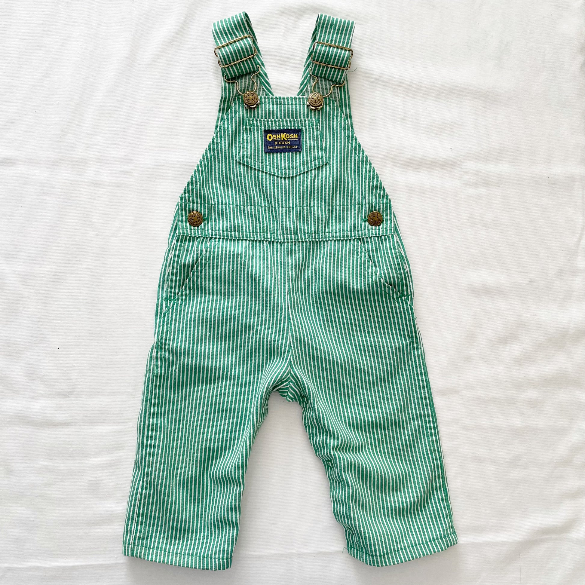 OshKosh Green Hickory Stripe Overalls - Yellow Clover Vintage Kids Clothes