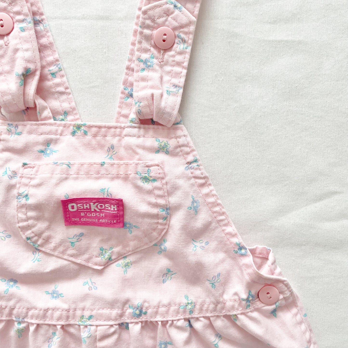 OshKosh Light Pink Floral Bow Back Shortalls - Yellow Clover Vintage Kids Clothes
