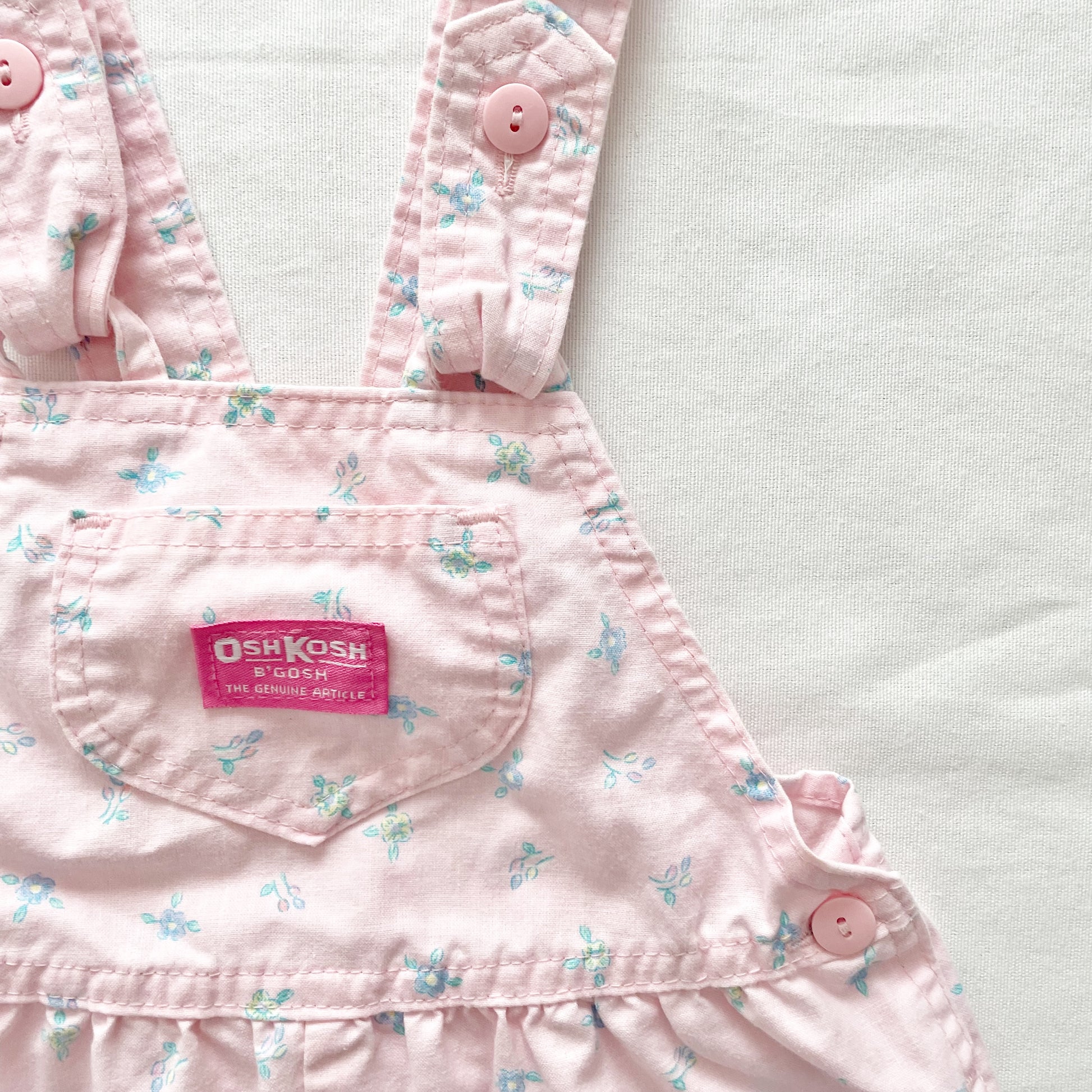 OshKosh Light Pink Floral Bow Back Shortalls - Yellow Clover Vintage Kids Clothes
