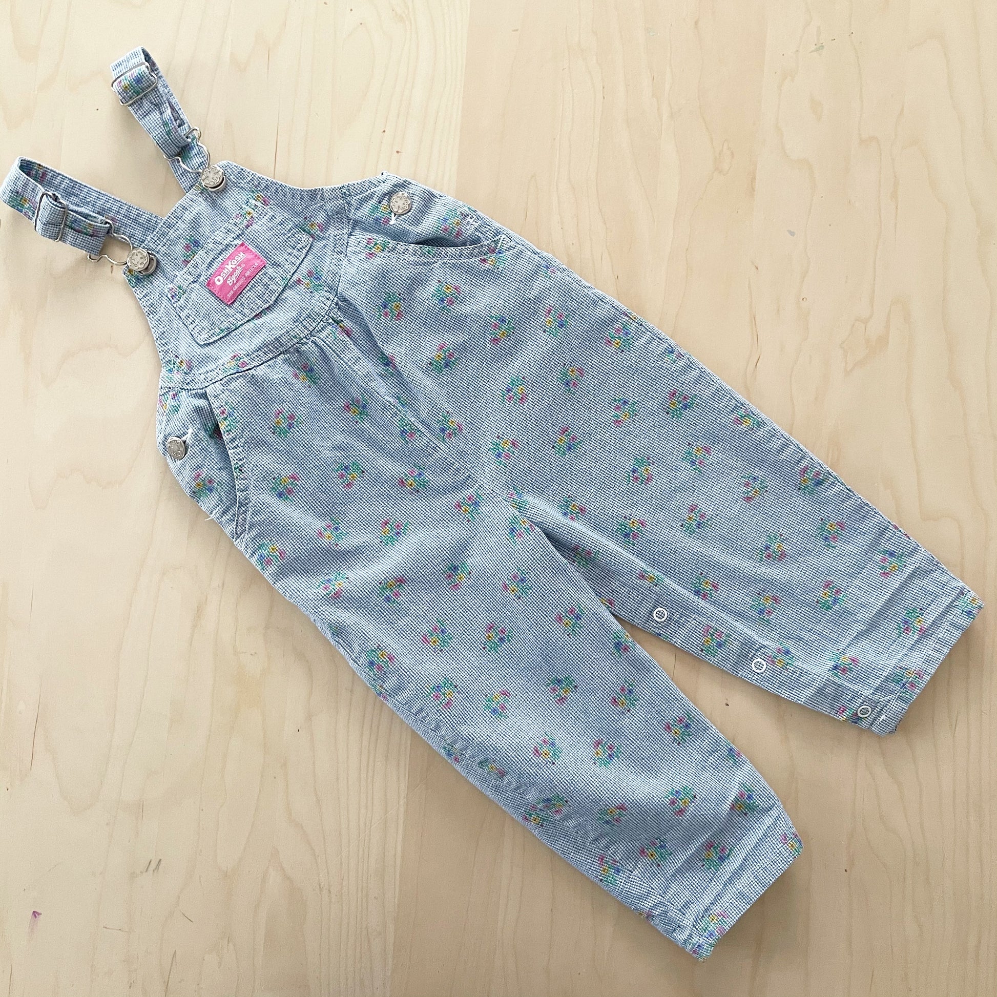 Vintage OshKosh Floral Houndstooth Overalls - Yellow Clover Vintage Kids Clothes