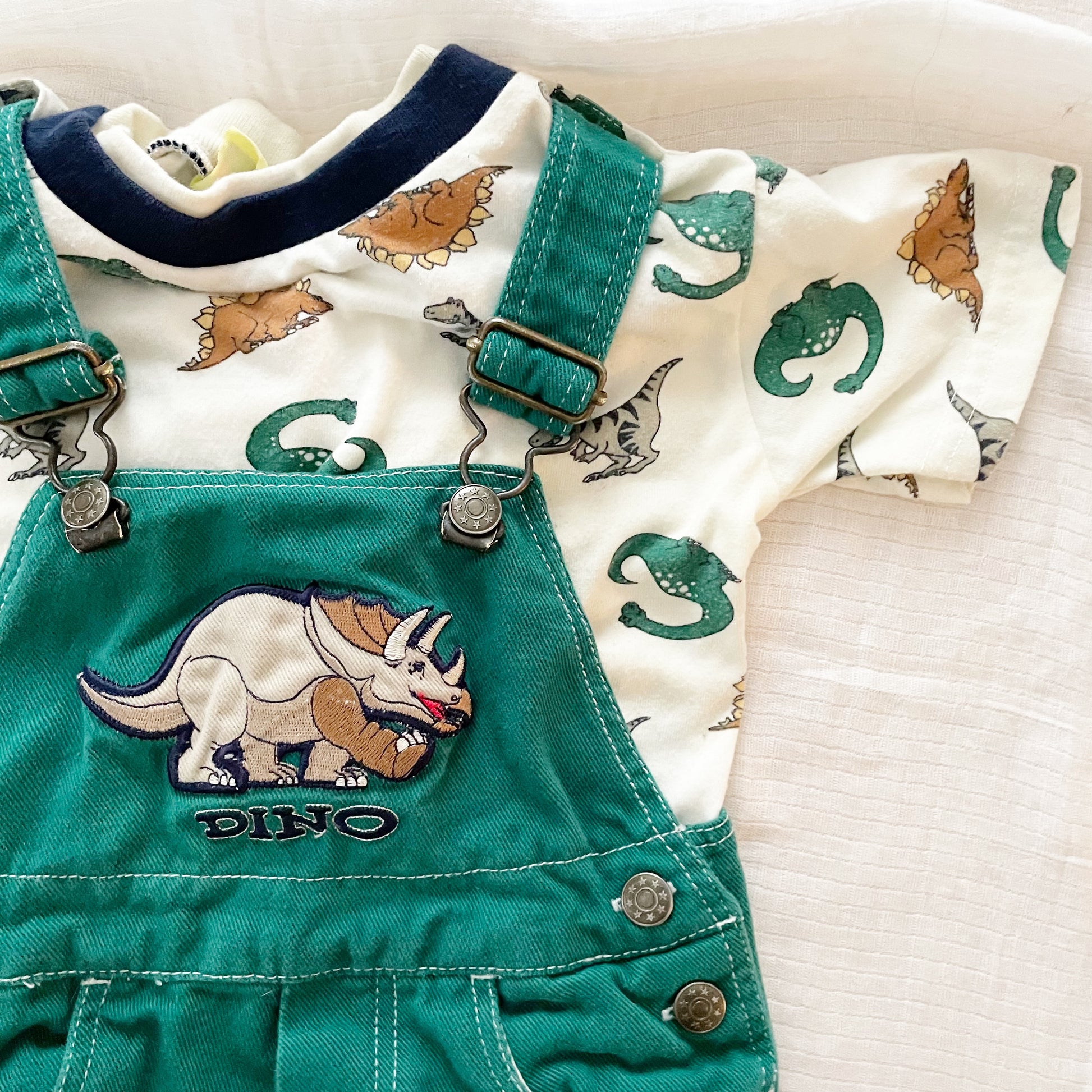 In Design Dinosaur Overalls Set - Yellow Clover Vintage Kids Clothes