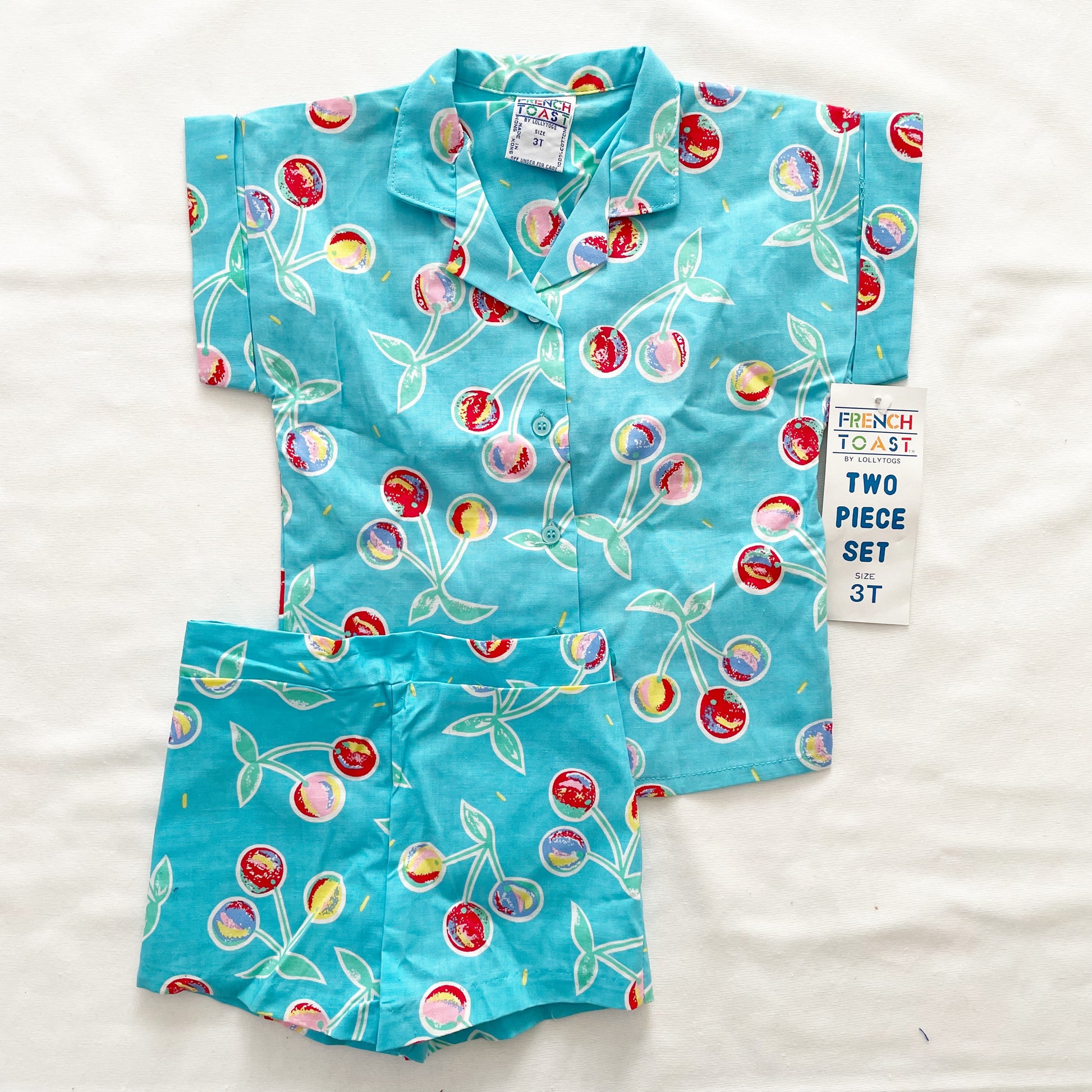 Vintage Turquoise Cherry Print Kids Button Up Shirt Set