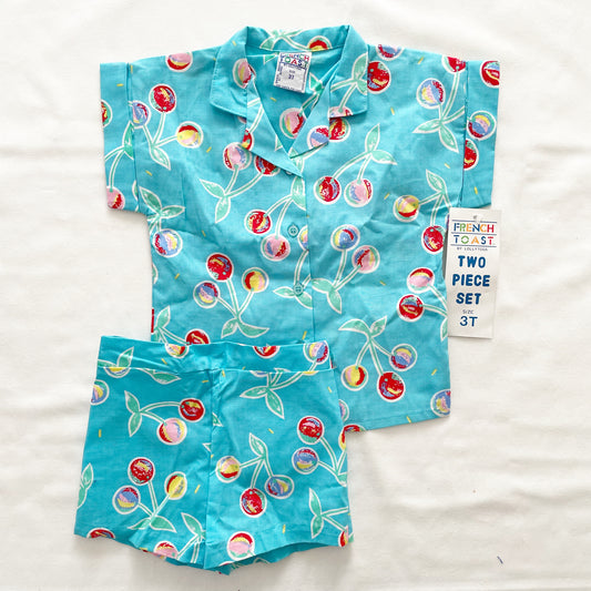 Vintage Turquoise Cherry Print Kids Button Up Shirt Set