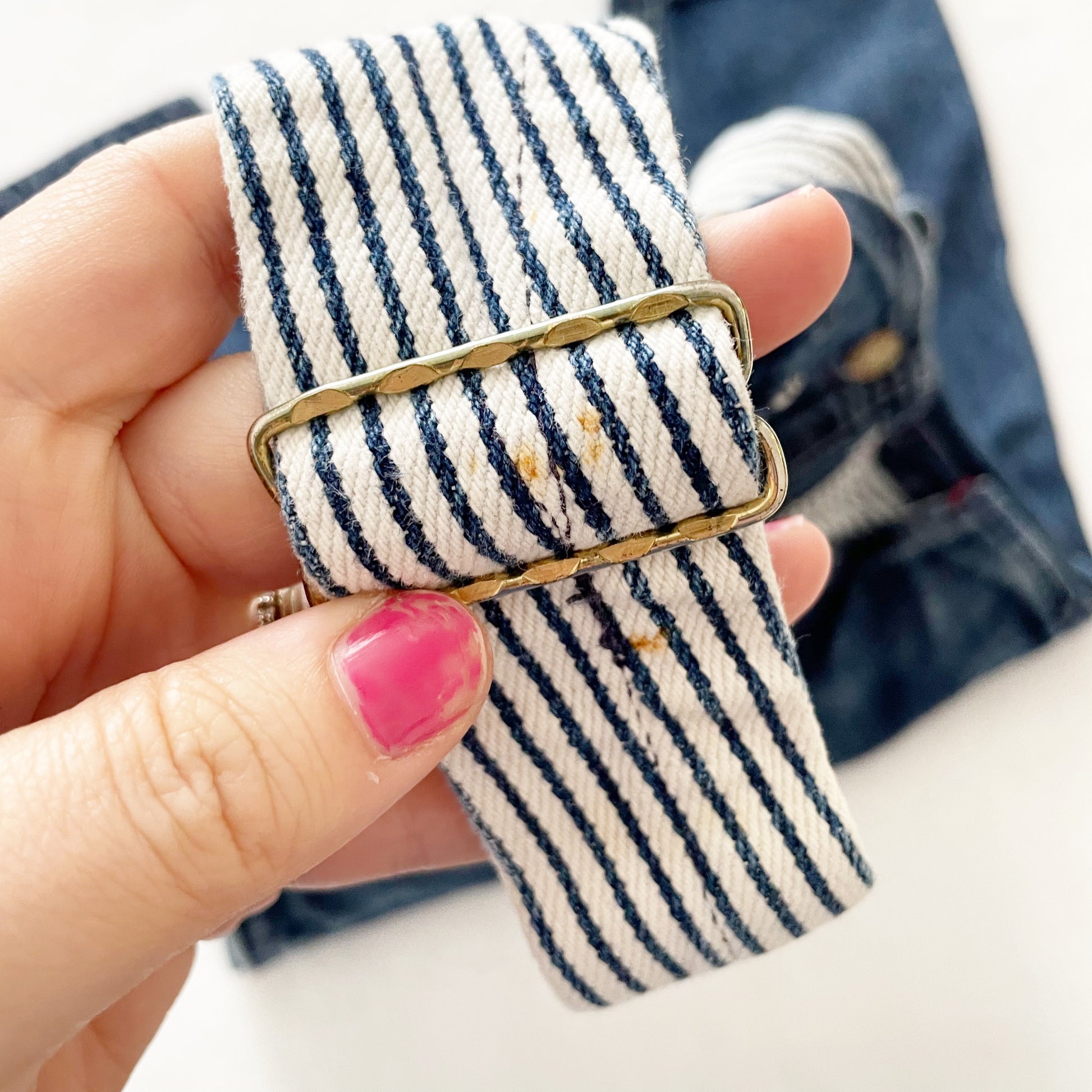 OshKosh Dark Denim Stripe Overalls - Yellow Clover Vintage Kids Clothes