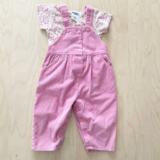OshKosh Pink Cord Ruffle Back Overalls with Bodysuit - Yellow Clover Vintage Kids Clothes