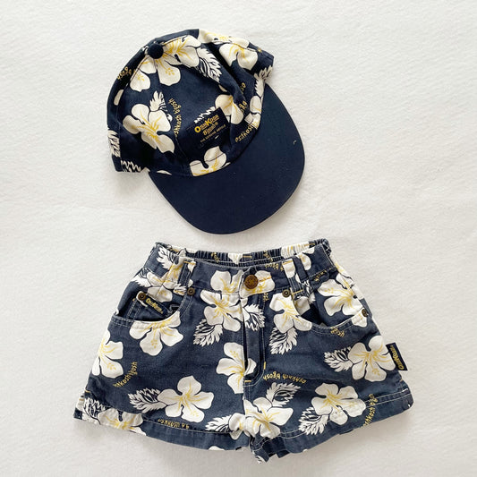 OshKosh Tropical Flowers Shorts + Hat - Yellow Clover Vintage Kids Clothes