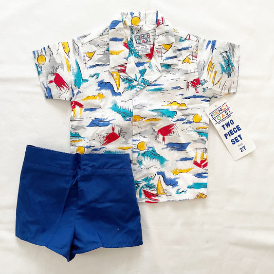 Beach Print Button Up Shirt Set • 2T - Yellow Clover Vintage Kids Clothes