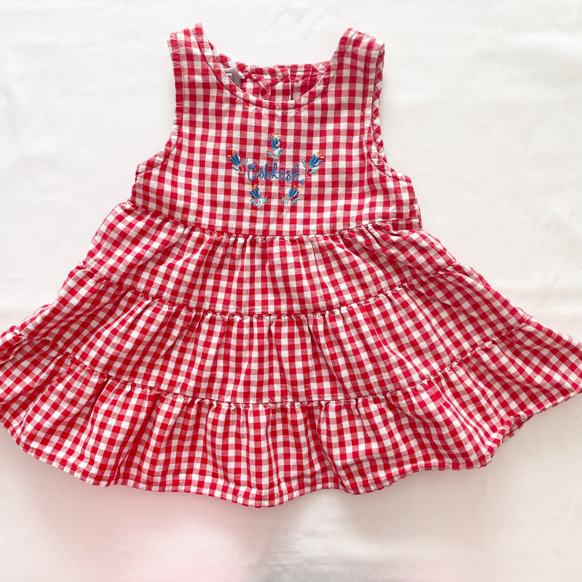 OshKosh Red Gingham Tiered Embroidered Dress - Yellow Clover Vintage Kids Clothes
