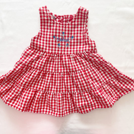 OshKosh Red Gingham Tiered Embroidered Dress - Yellow Clover Vintage Kids Clothes