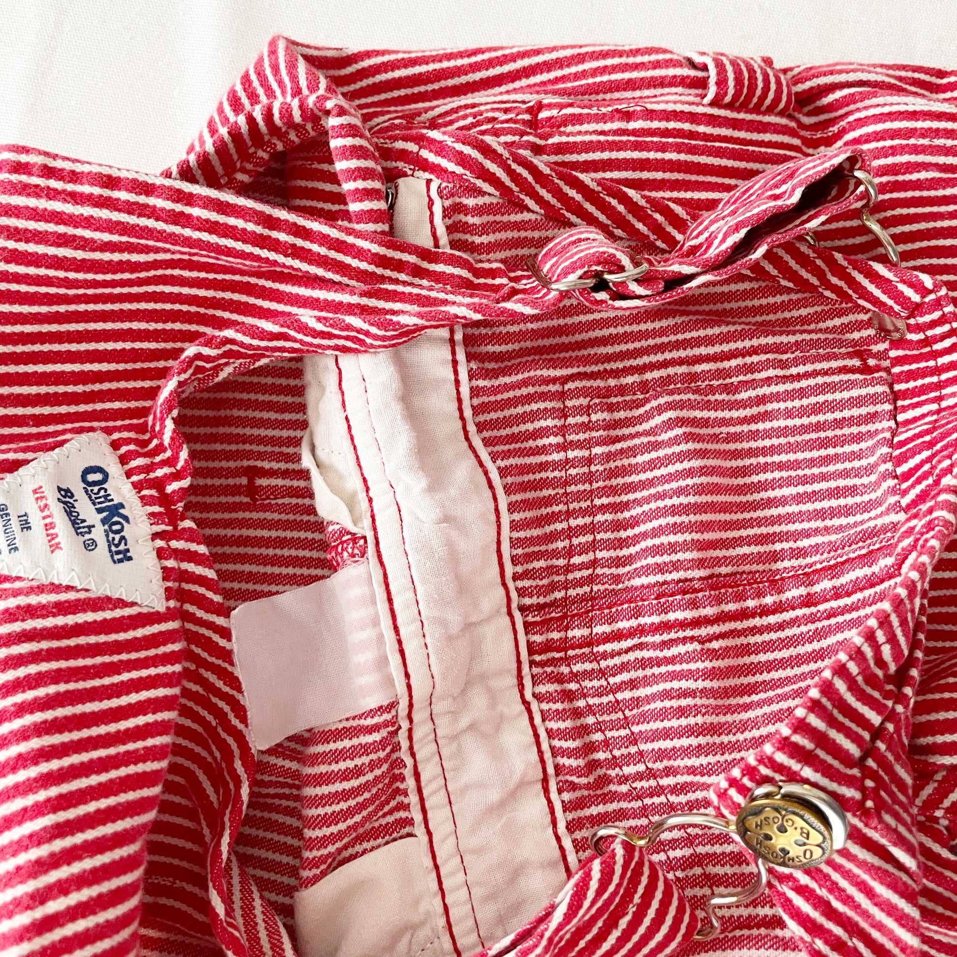 OshKosh Red Hickory Stripe Shortalls - Yellow Clover Vintage Kids Clothes