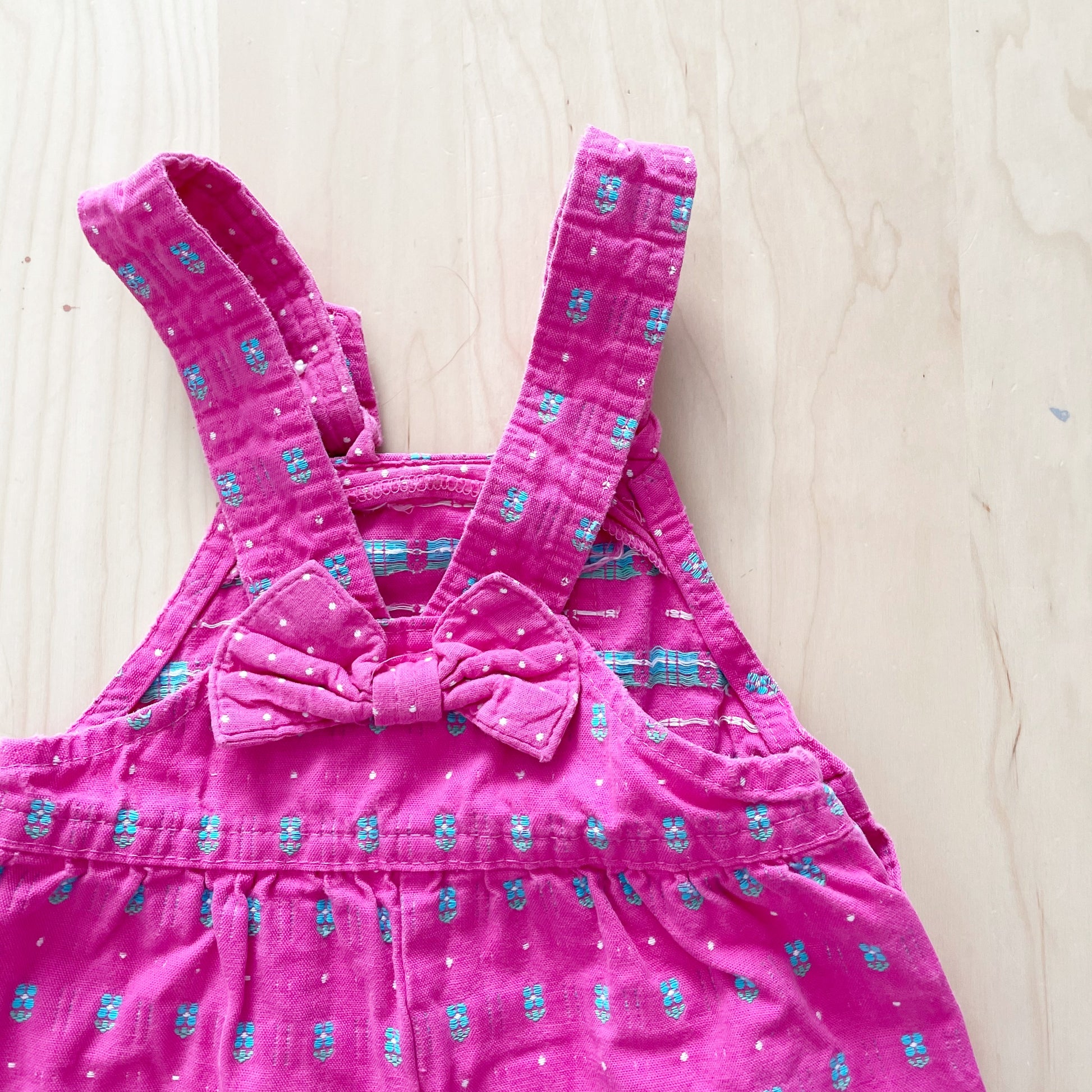 OshKosh Pink + Turquoise Woven Bow Back Overalls - Yellow Clover Vintage Kids Clothes