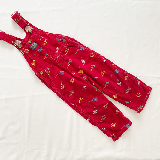 OshKosh Red Cord Vehicles Print Overalls - Yellow Clover Vintage Kids Clothes