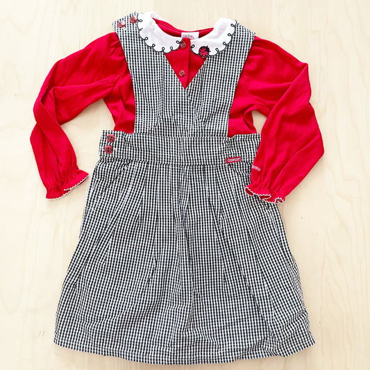 Vintage OshKosh Ladybug Checkered Pinafore Set - Yellow Clover Vintage Kids Clothes