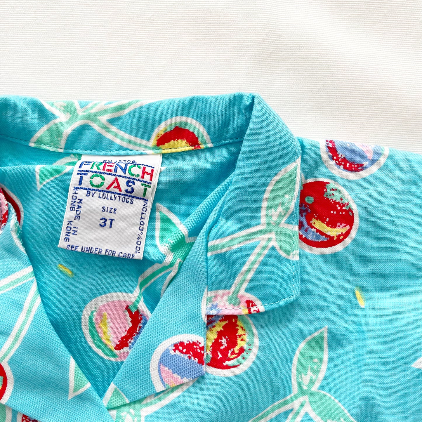 Turquoise Cherry Print Button Up Set • 3T - Yellow Clover Vintage Kids Clothes