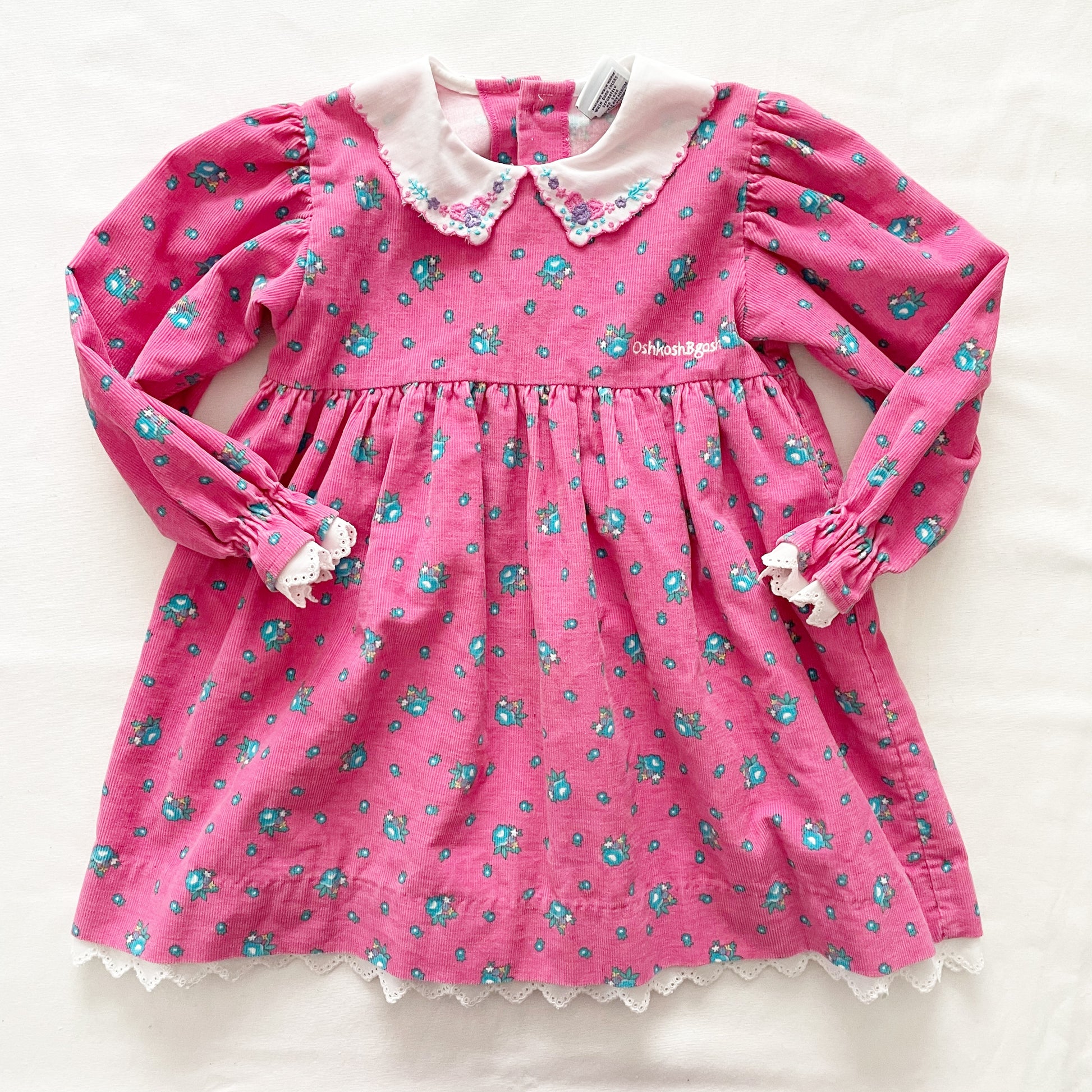 OshKosh Pink and Turquoise Floral Cord Dress - Yellow Clover Vintage Kids Clothes