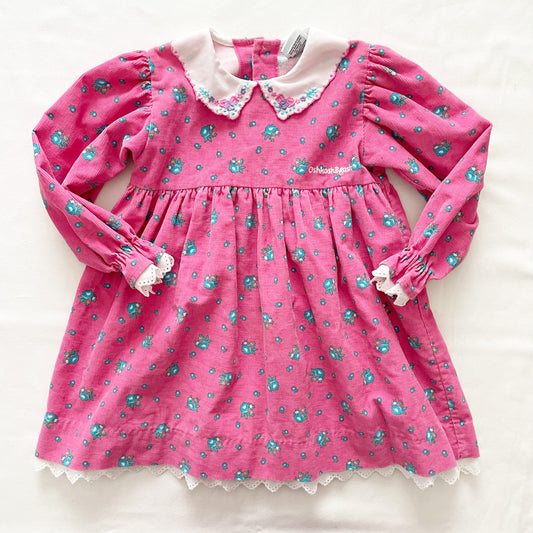 OshKosh Pink and Turquoise Floral Cord Dress - Yellow Clover Vintage Kids Clothes