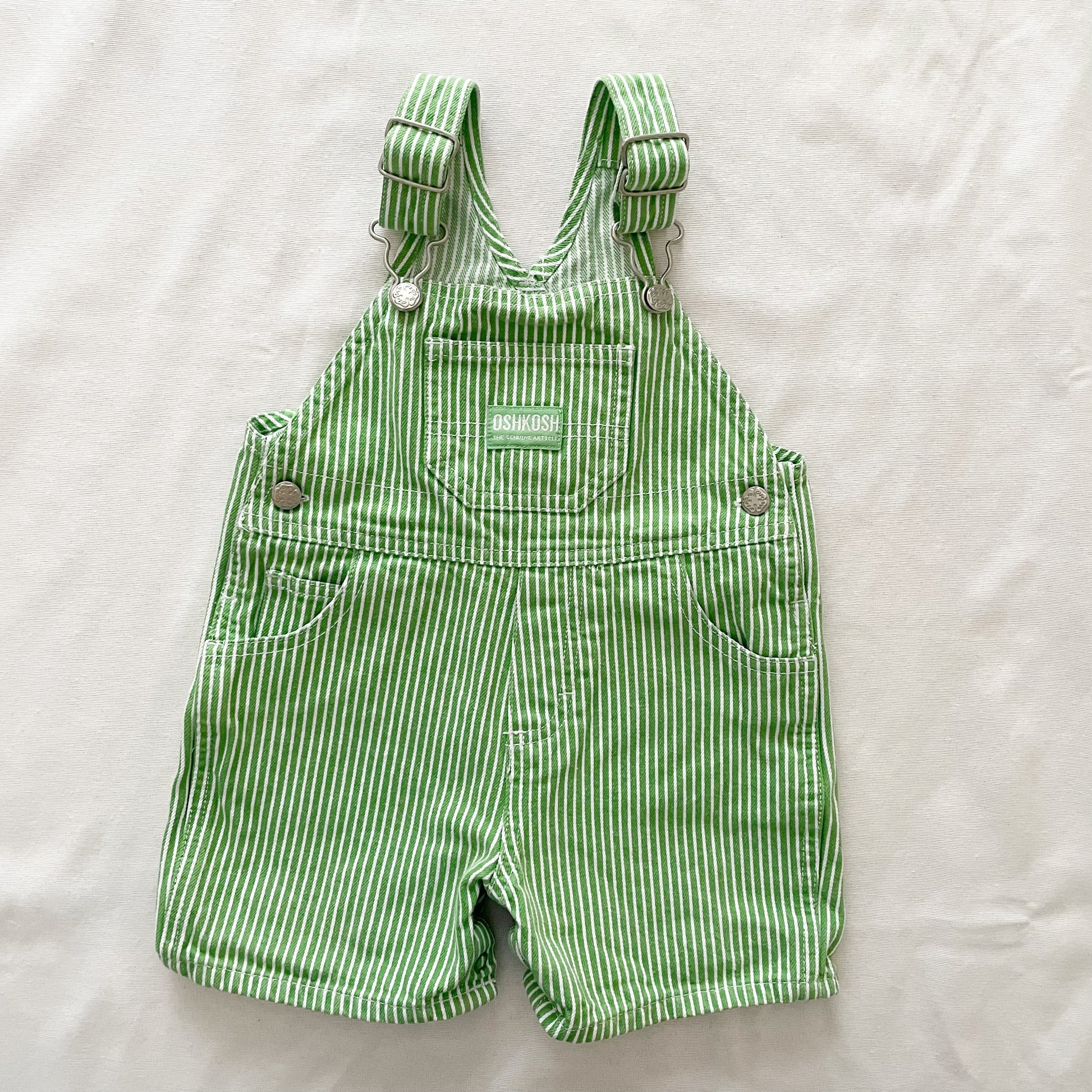 OshKosh Bright Green Stripe Shortalls - Yellow Clover Vintage Kids Clothes
