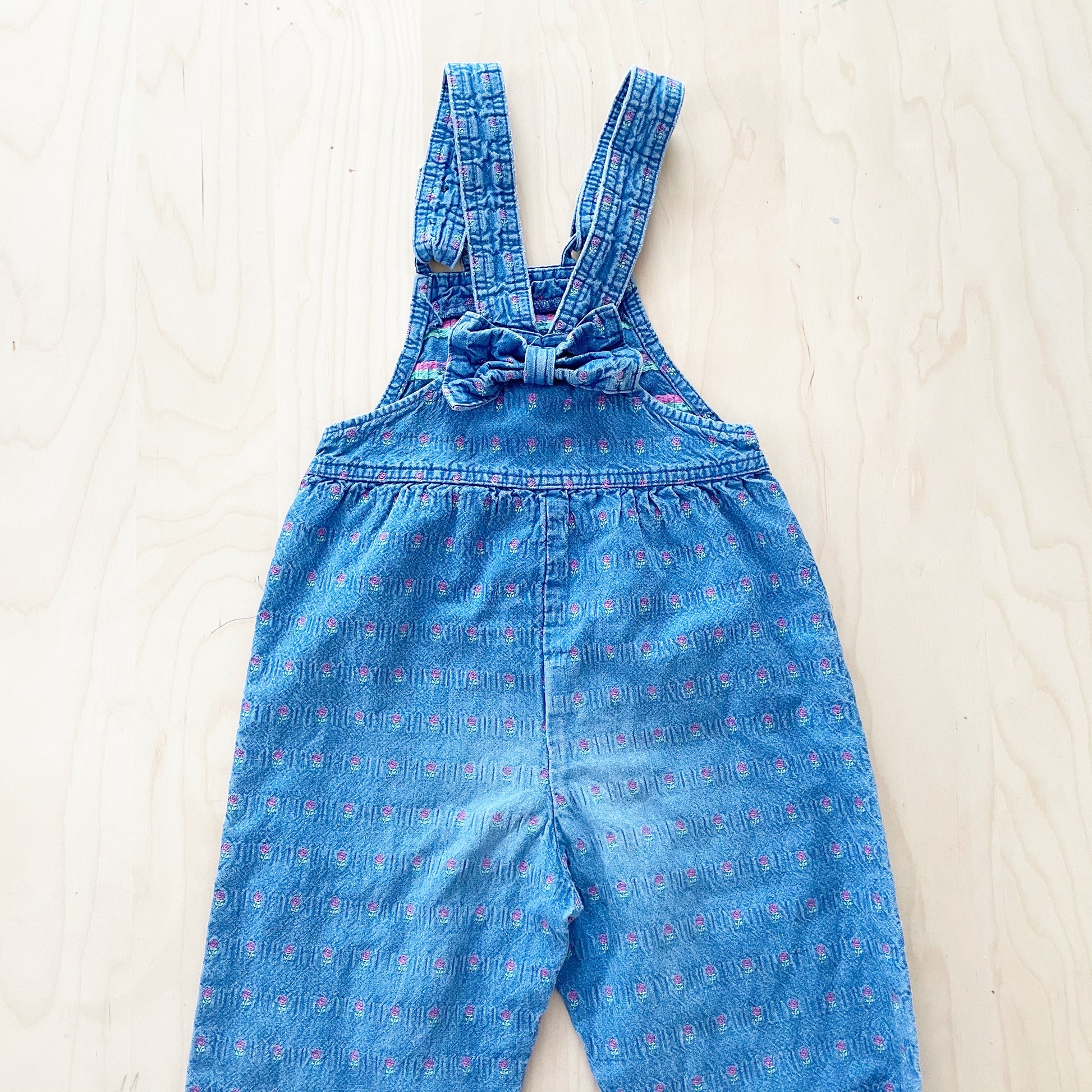 Vintage OshKosh Bow Back Floral Woven Chambray Overalls - Yellow Clover Vintage Kids Clothes