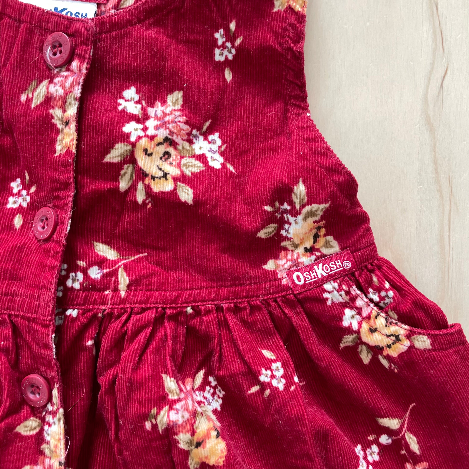 OshKosh Red Floral Fine Cord Dress - Yellow Clover Vintage Kids Clothes