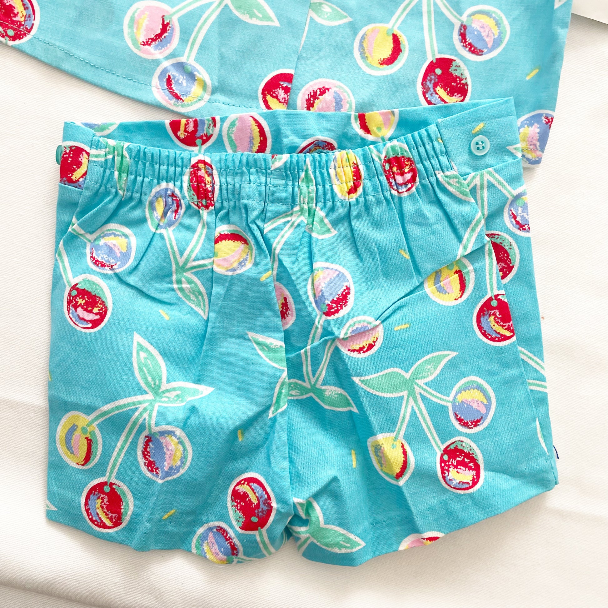Turquoise Cherry Print Button Up Set • 3T - Yellow Clover Vintage Kids Clothes