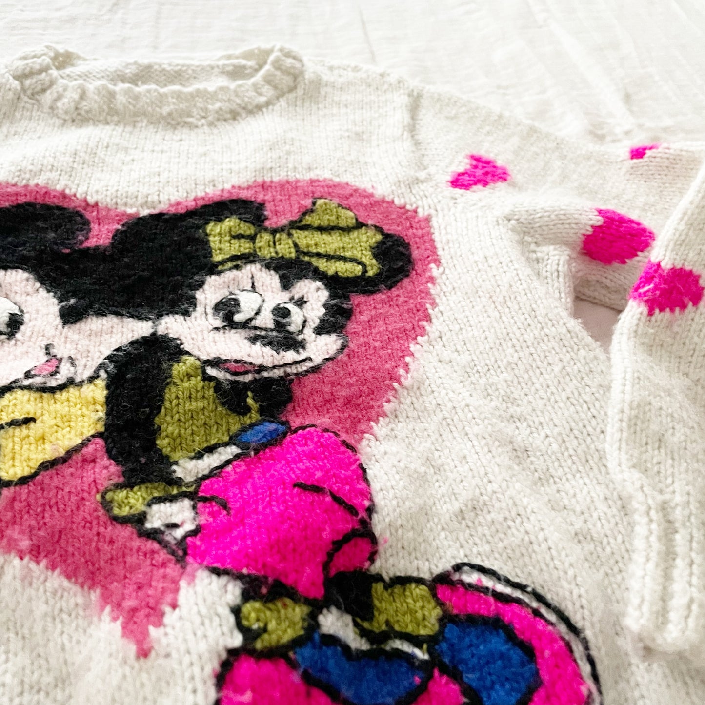 Handknit Mickey and Minnie Hearts Sweater - Yellow Clover Vintage Kids Clothes