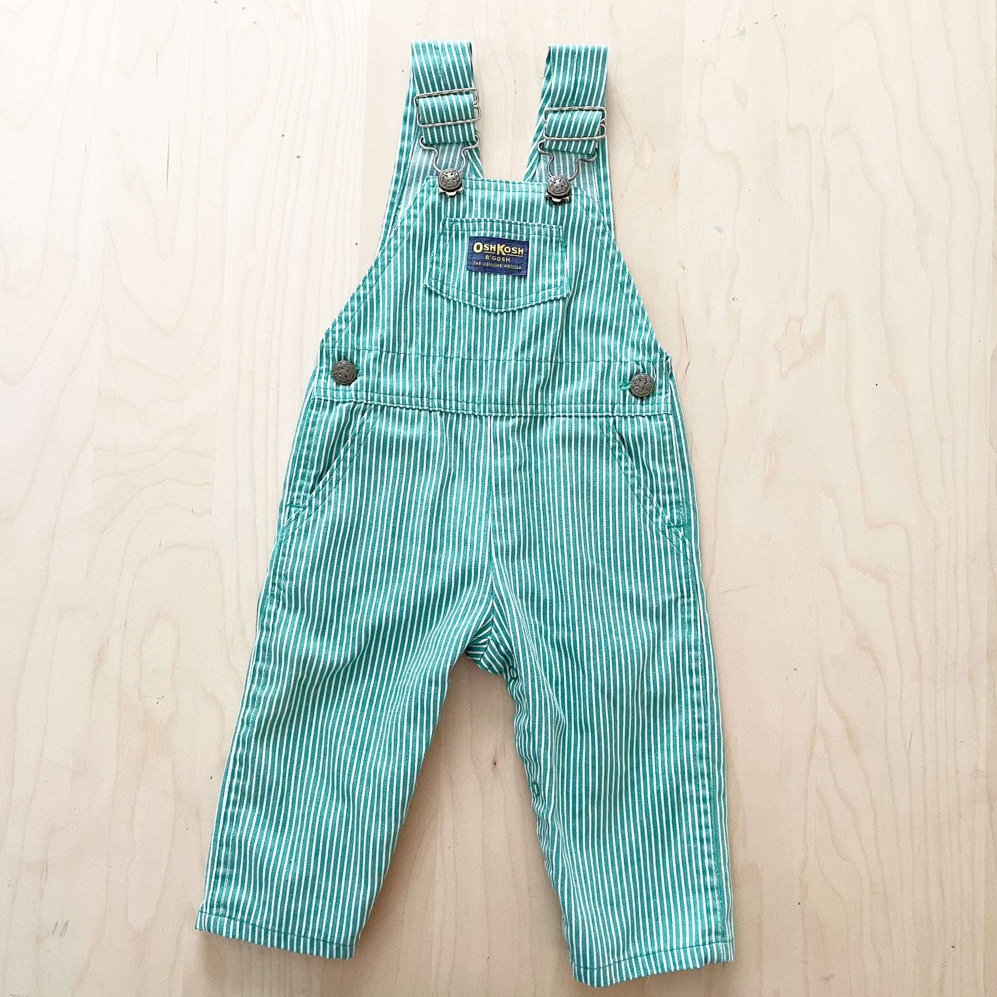 Vintage OshKosh Green Engineer Stripe Overalls - Yellow Clover Vintage Kids Clothes