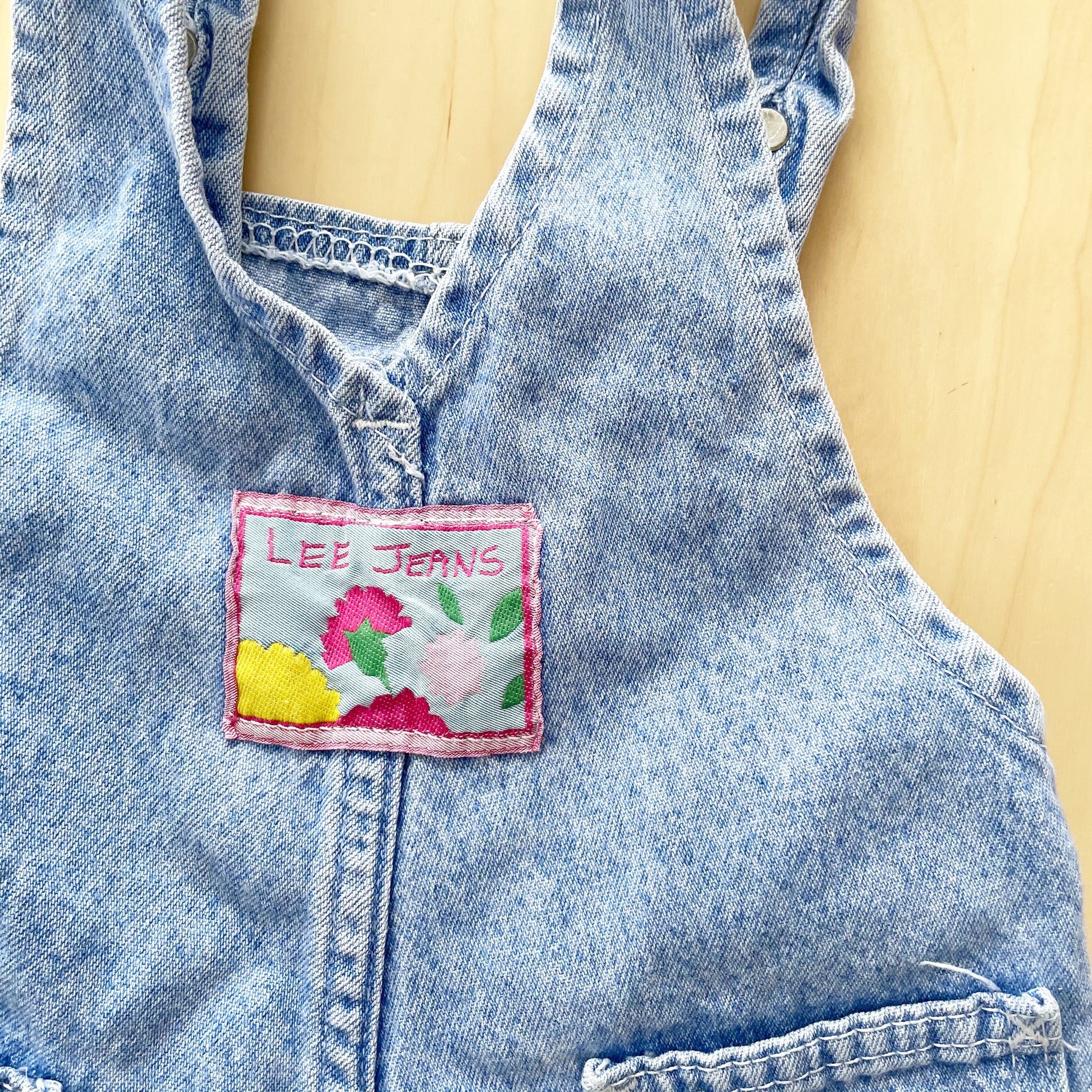 Vintage Lee Blue Wash Overalls with Floral Patch - Yellow Clover Vintage Kids Clothes