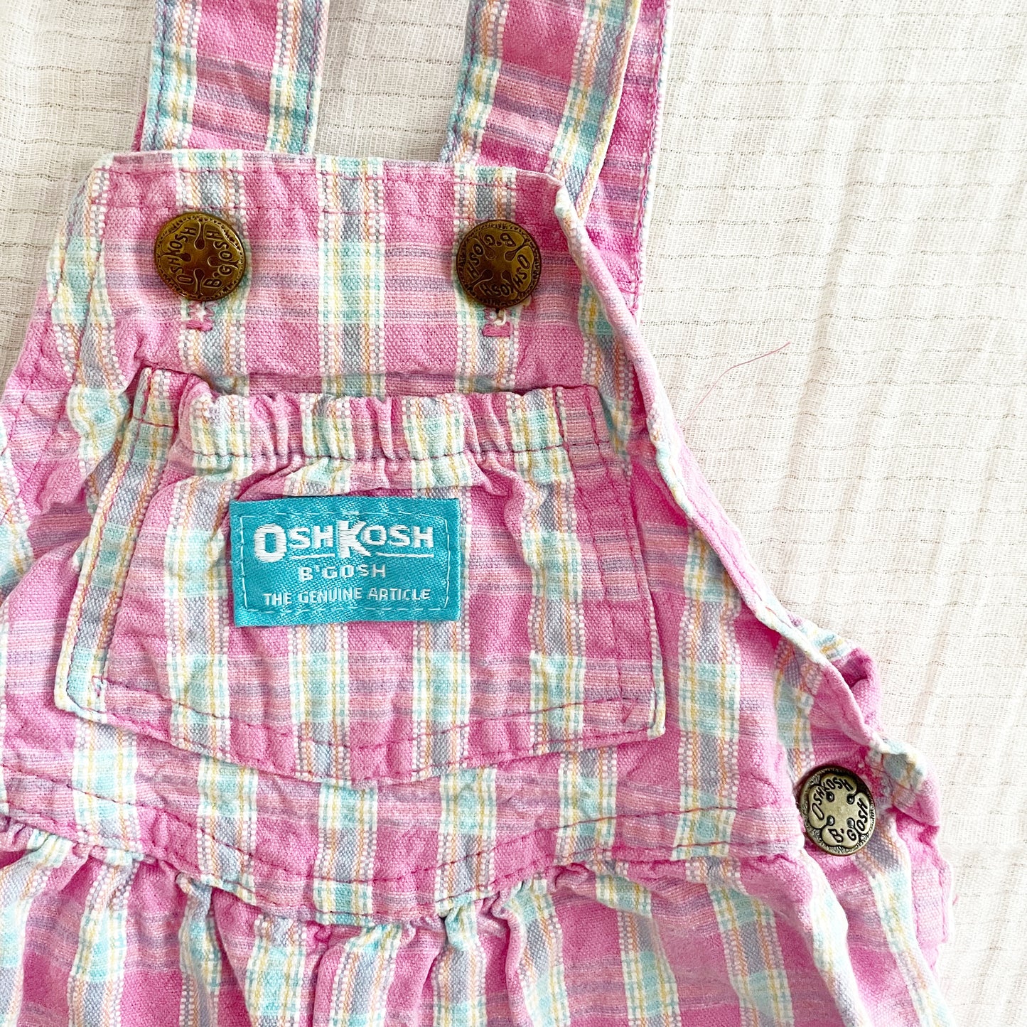 OshKosh Pink Seersucker Plaid Overalls