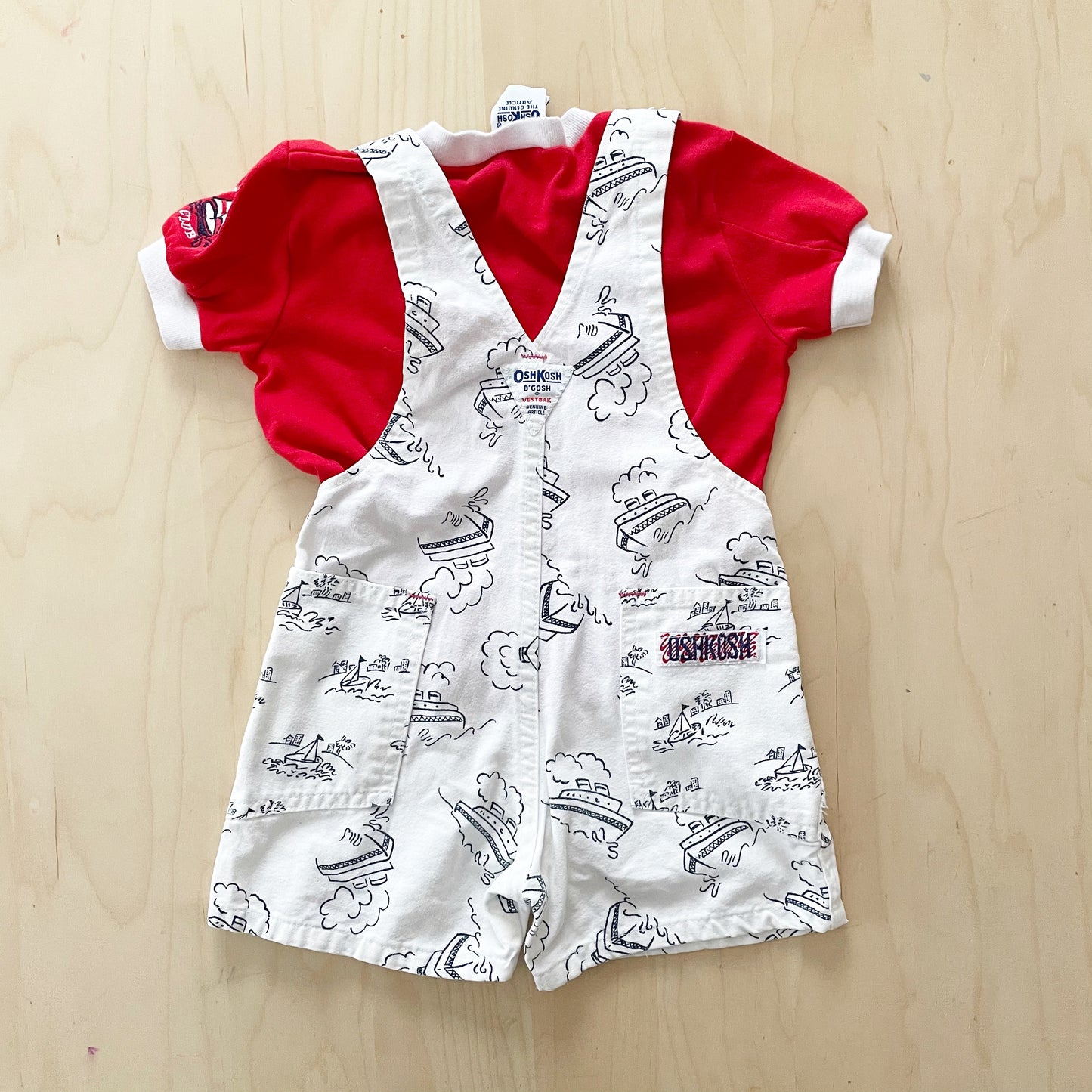OshKosh Sailboat Print Shortalls Set - Yellow Clover Vintage Kids Clothes