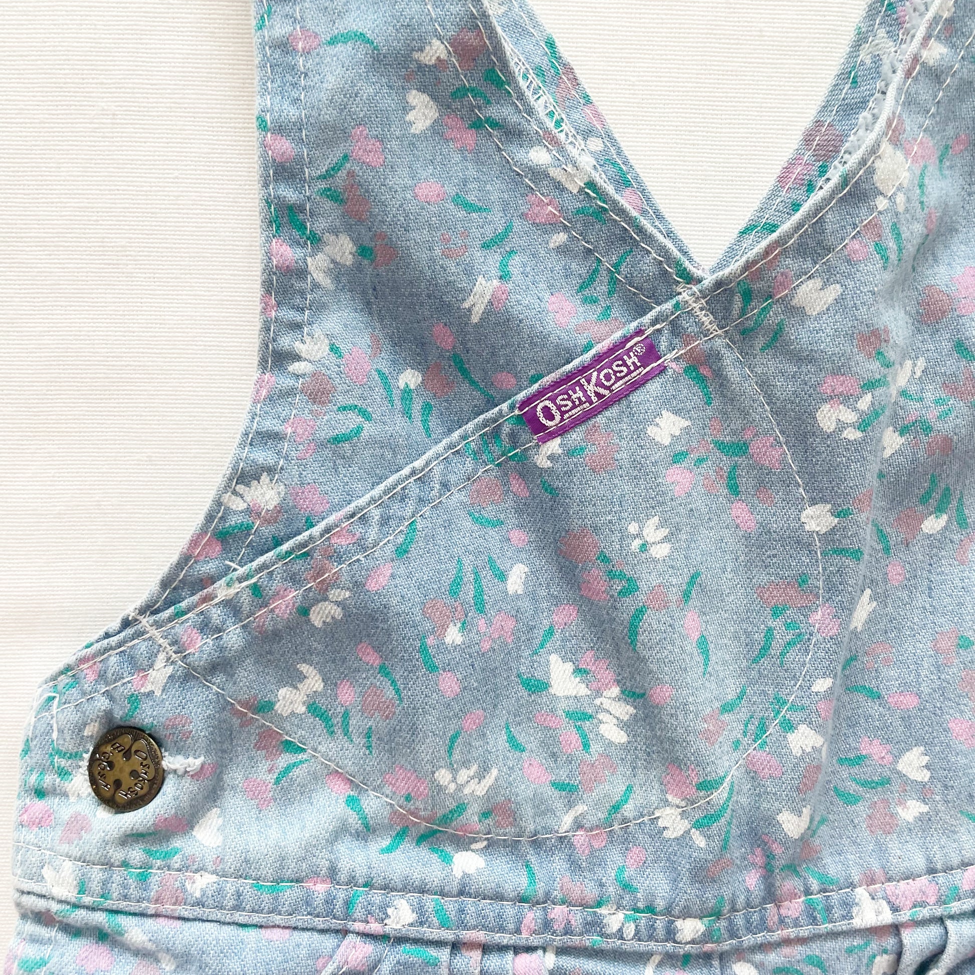 OshKosh Light Wash Floral Print Shortalls - Yellow Clover Vintage Kids Clothes