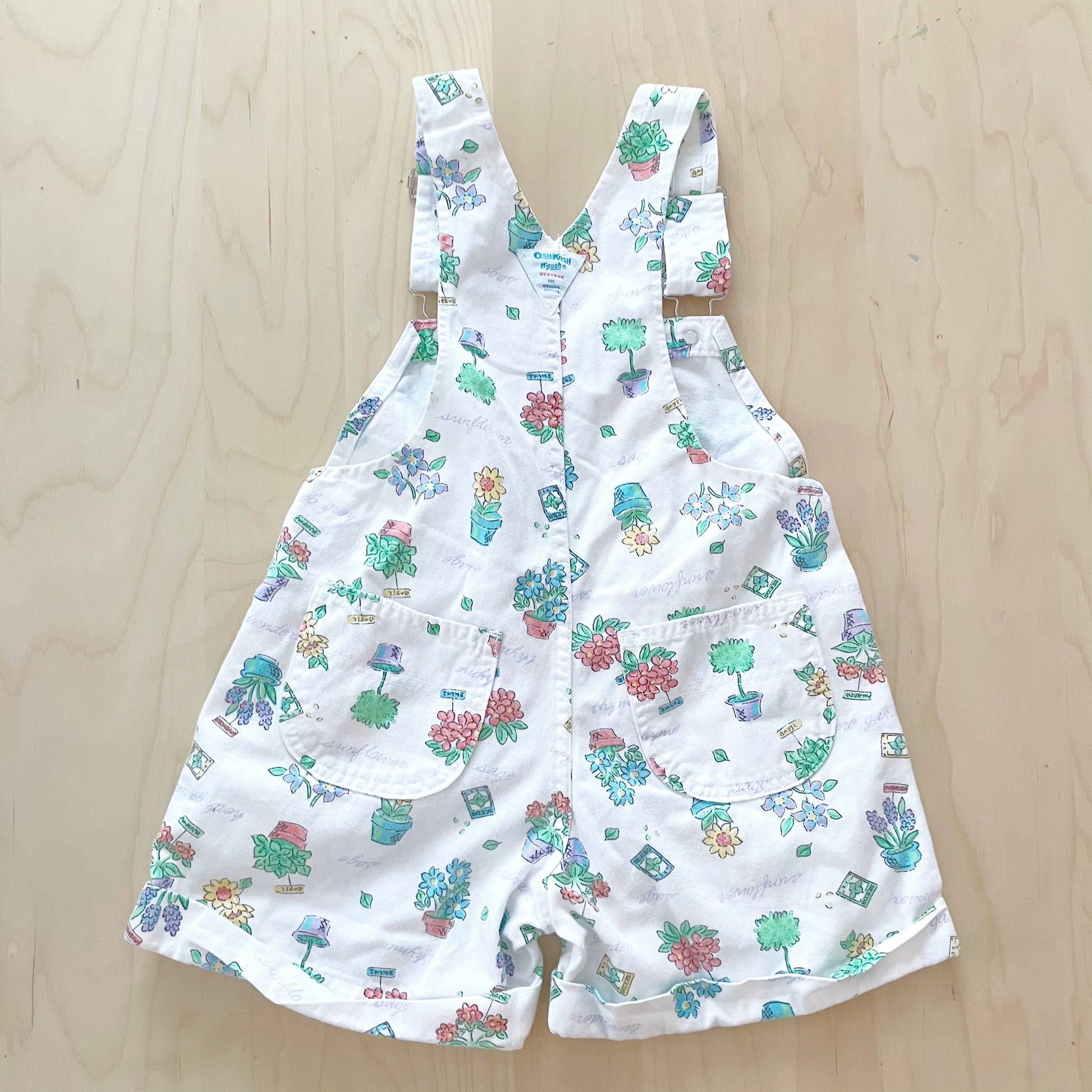Vintage OshKosh Potted Plant Print Shortalls - Yellow Clover Vintage Kids Clothes