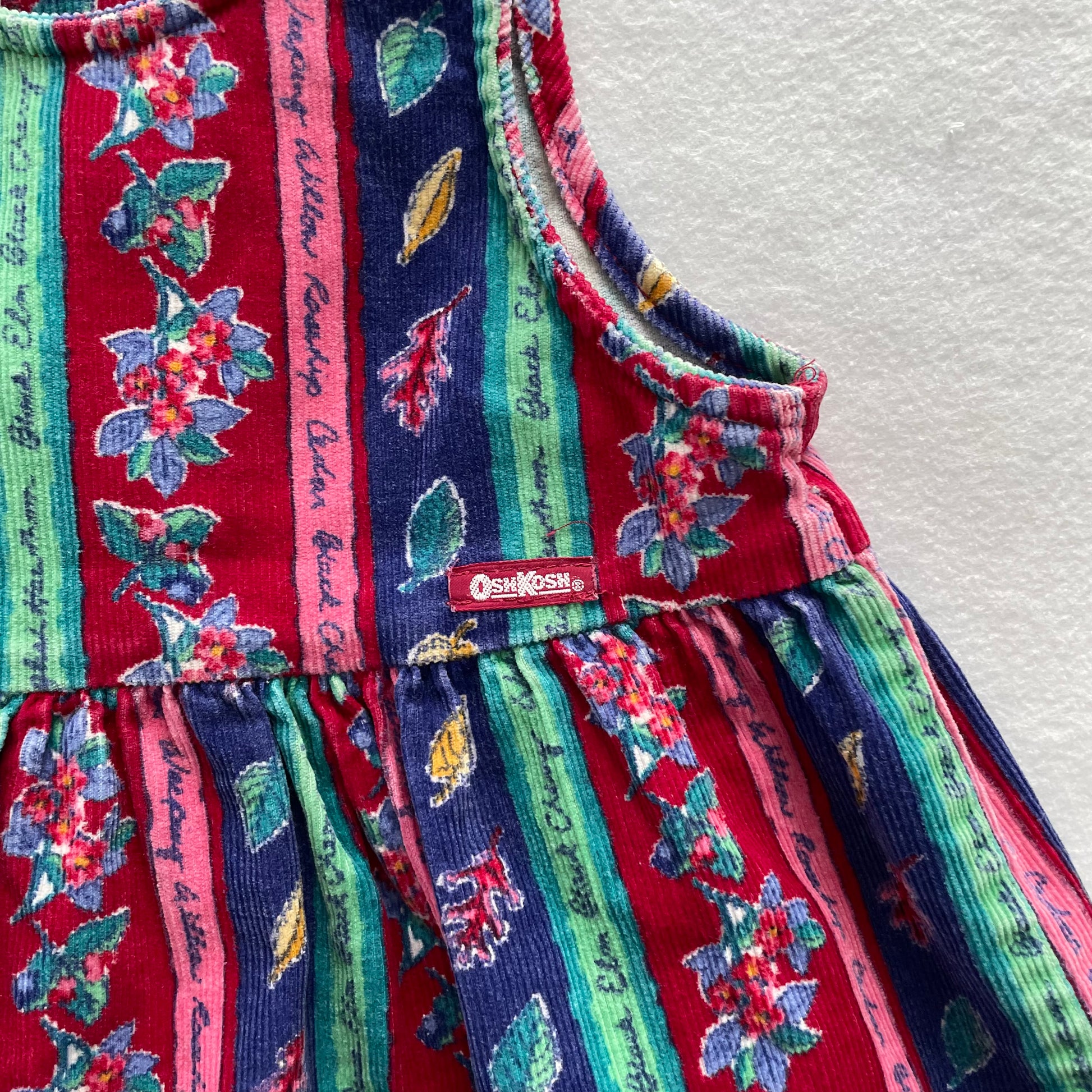 OshKosh Cord Leaves + Flowers Dress - Yellow Clover Vintage Kids Clothes