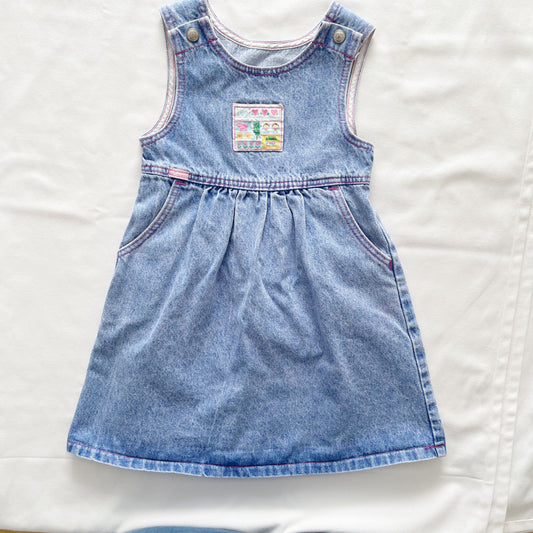 Lee Patch Lighter Wash Denim Pinafore Dress • 6y - Yellow Clover Vintage Kids Clothes
