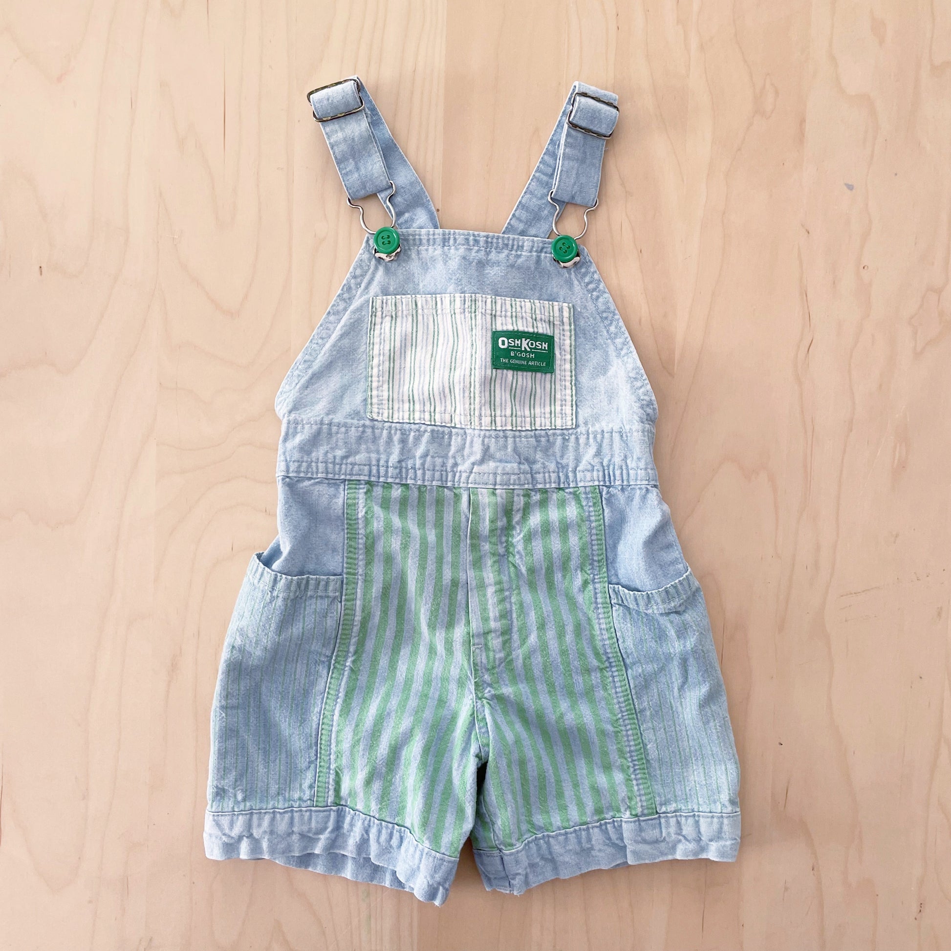 Vintage OshKosh Chambray Green Stripe Shortalls