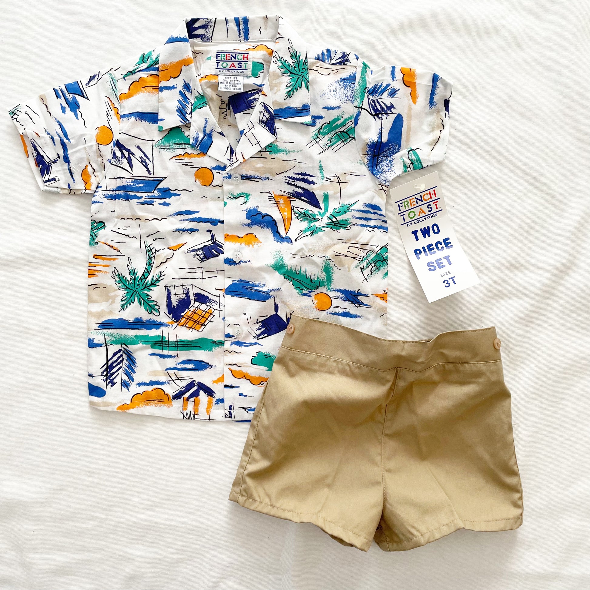 Vintage Kids Beach Print Button Up Shirt Set