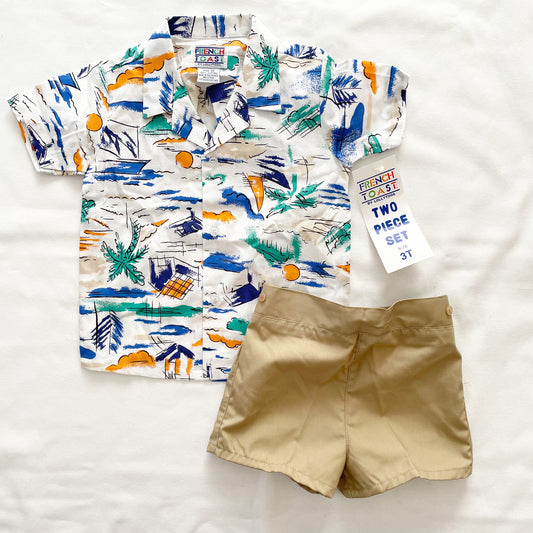 Vintage Kids Beach Print Button Up Shirt Set