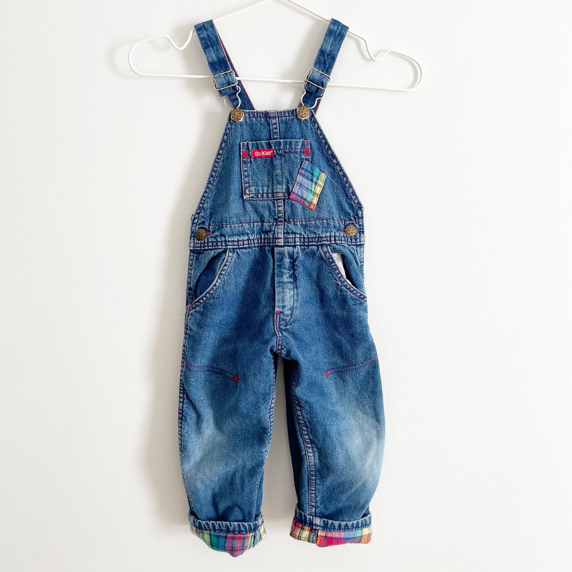OshKosh Rainbow Plaid Lined Denim Overalls - Yellow Clover Vintage Kids Clothes