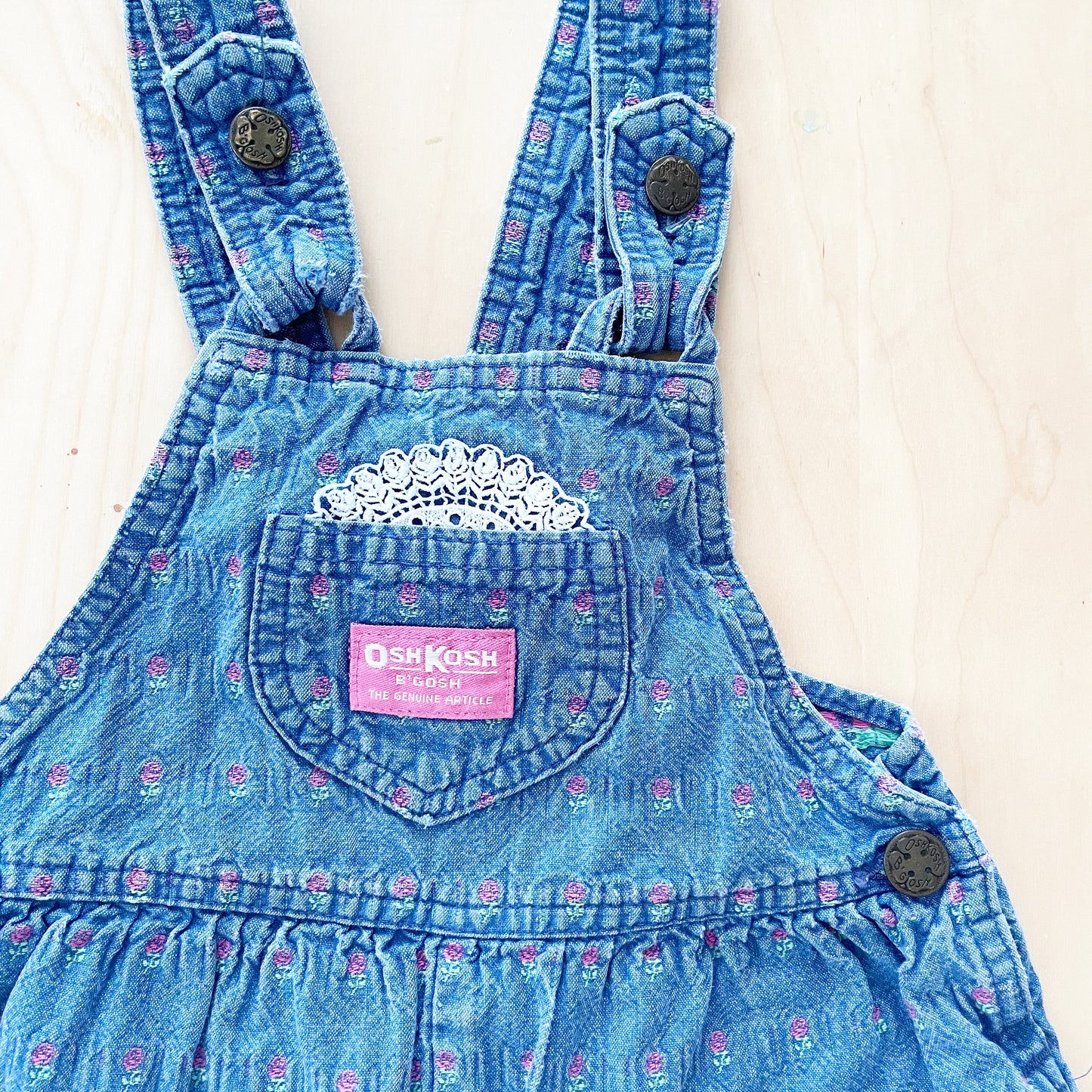 Vintage OshKosh Bow Back Floral Woven Chambray Overalls - Yellow Clover Vintage Kids Clothes