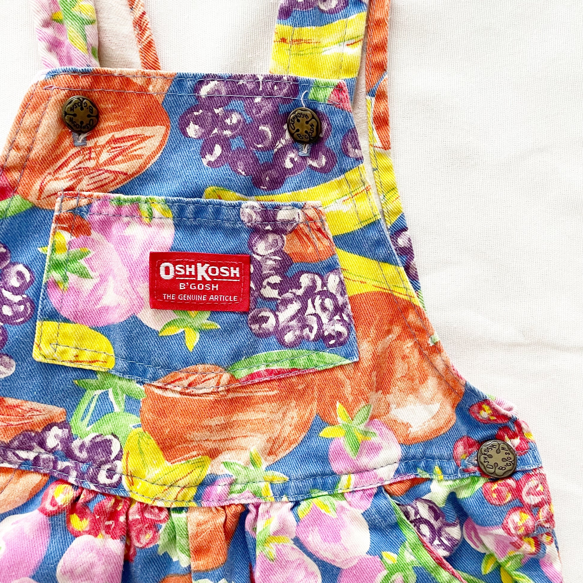 OshKosh Bright Fruit Print Shortalls - Yellow Clover Vintage Kids Clothes