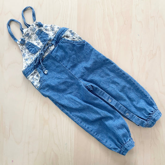 Vintage Chambray Floral Accent Overalls - Yellow Clover Vintage Kids Clothes