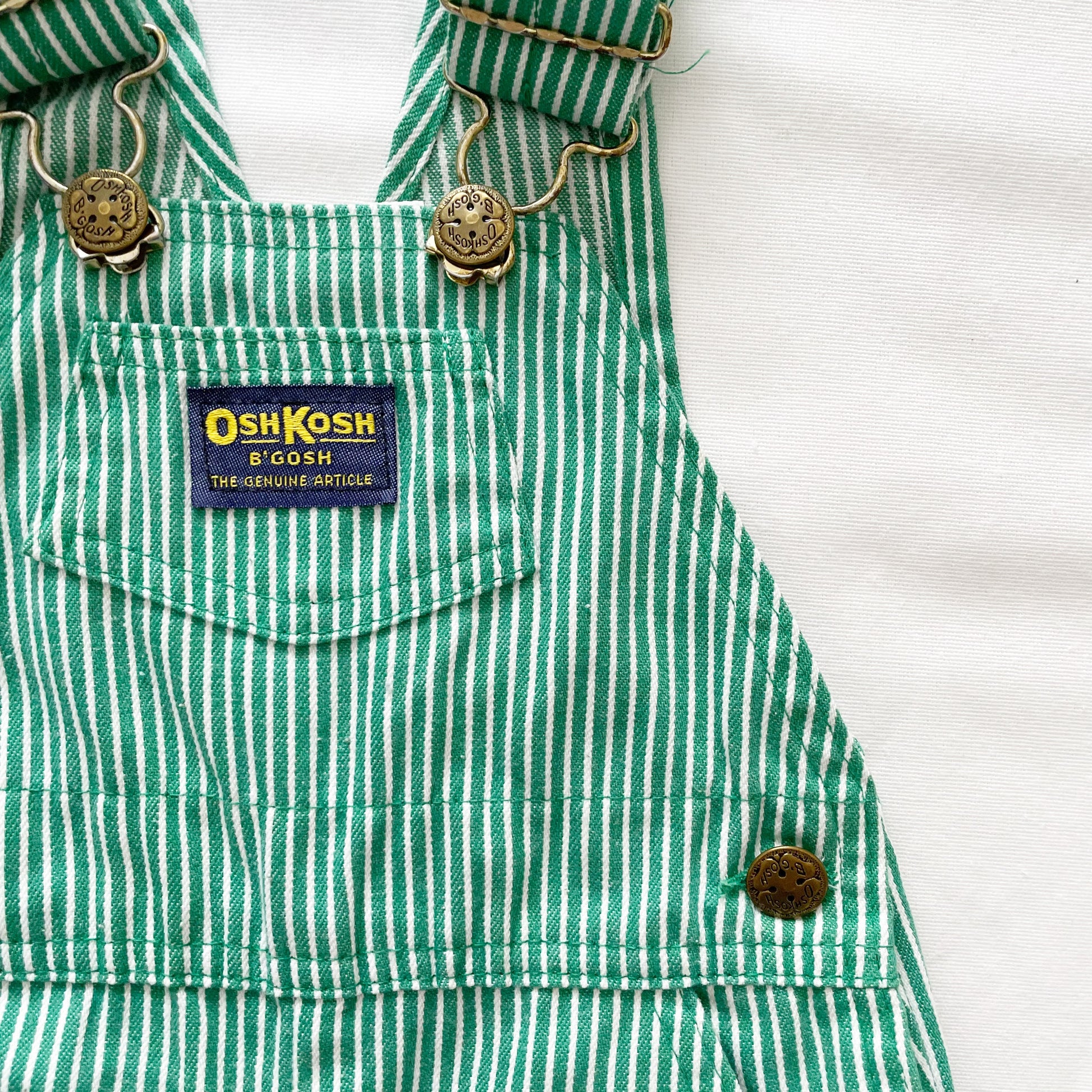 OshKosh Green Hickory Stripe Overalls - Yellow Clover Vintage Kids Clothes