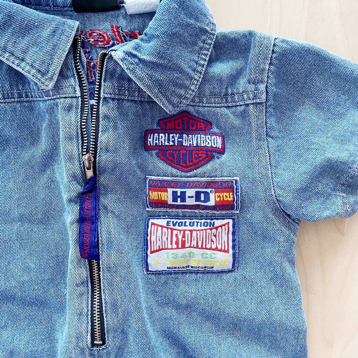 Harley Davidson Denim Zip Romper - Yellow Clover Vintage Kids Clothes