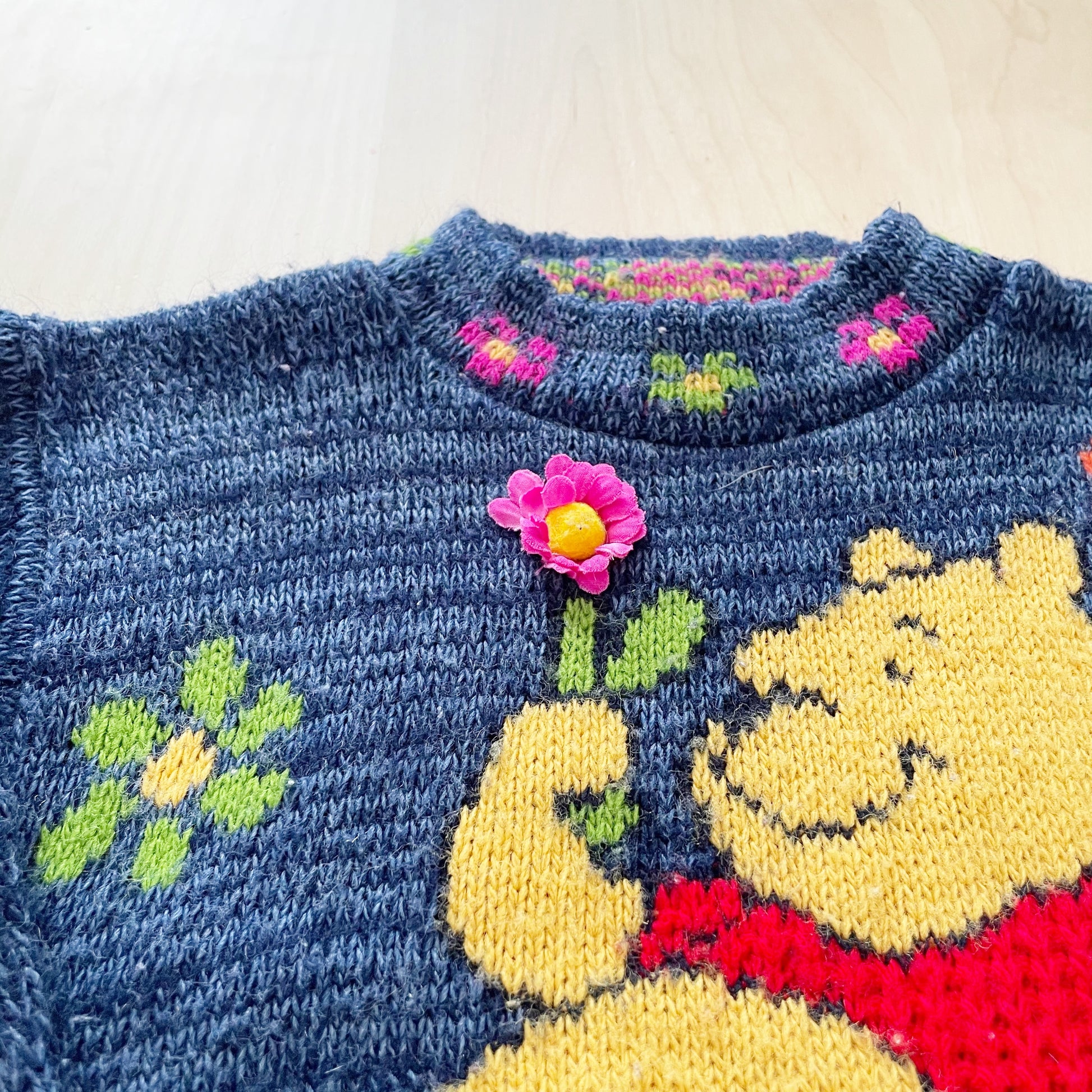 Vintage Pooh Flower Appliqué Sweater - Yellow Clover Vintage Kids Clothes