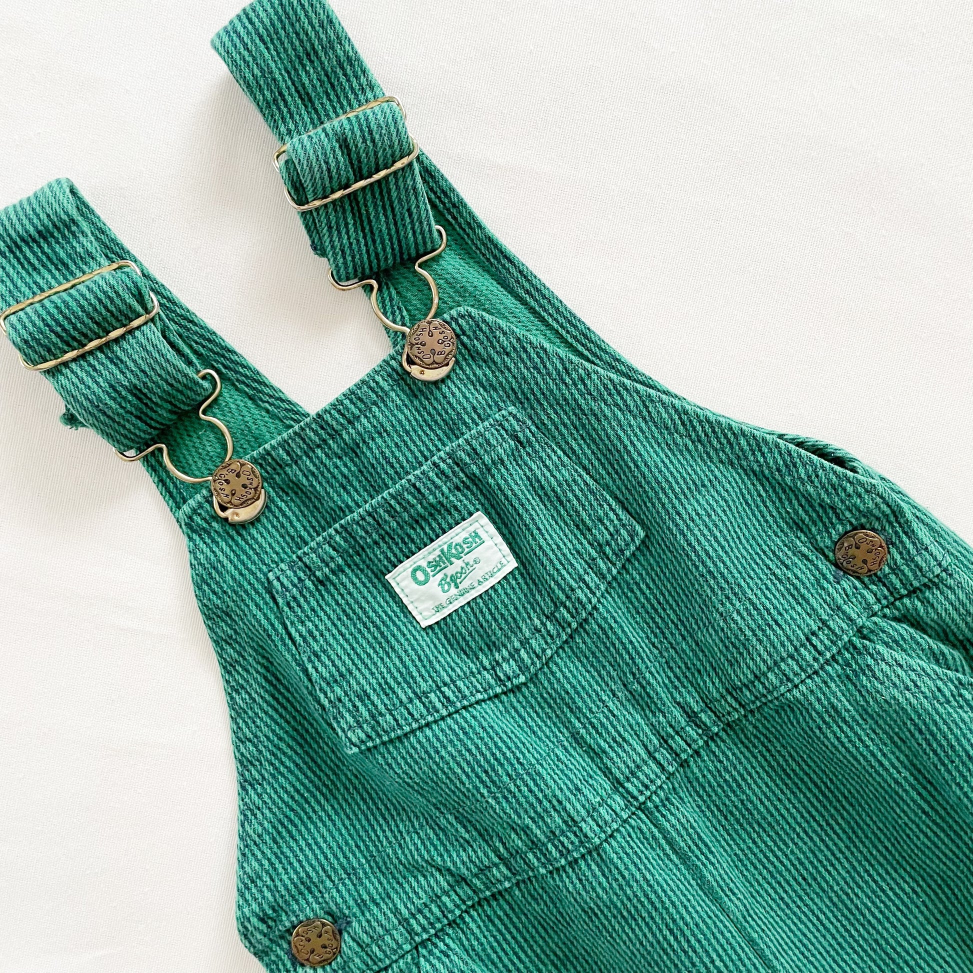 OshKosh Green + Navy Blue Striped Overalls - Yellow Clover Vintage Kids Clothes