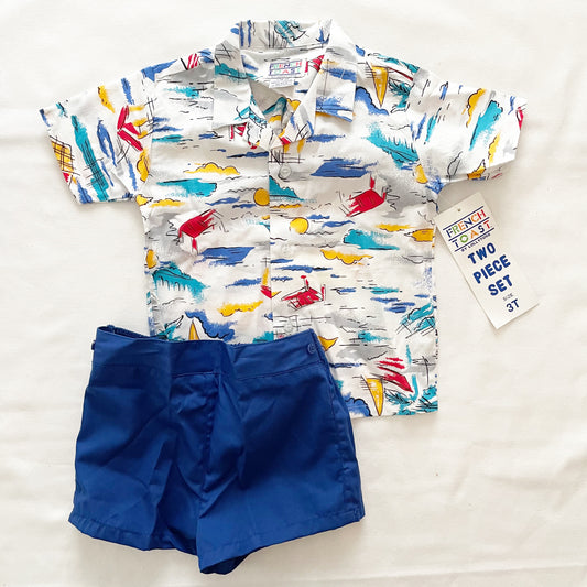 Vintage Kids Beach Print Button Up Shirt Set