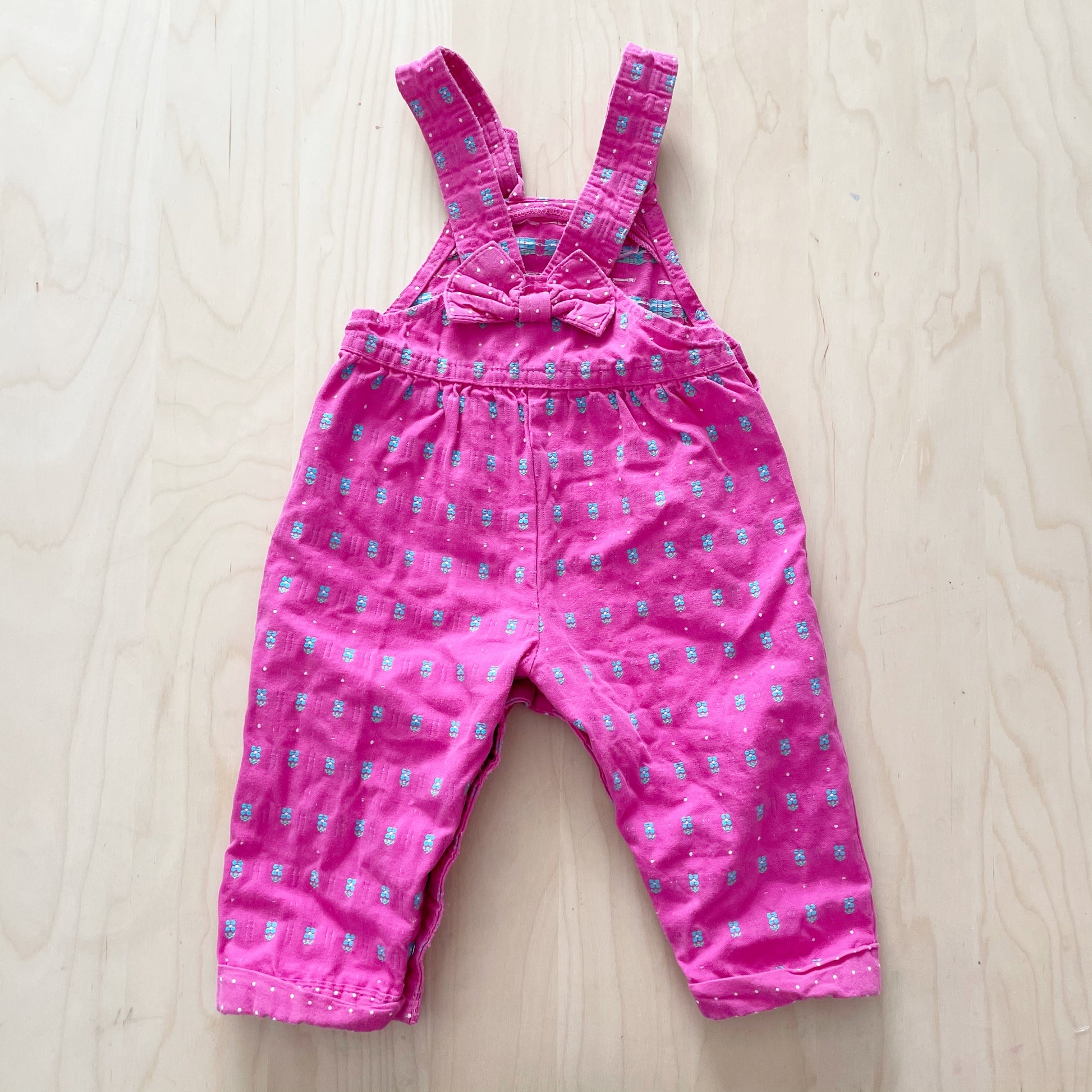 OshKosh Pink + Turquoise Woven Bow Back Overalls - Yellow Clover Vintage Kids Clothes